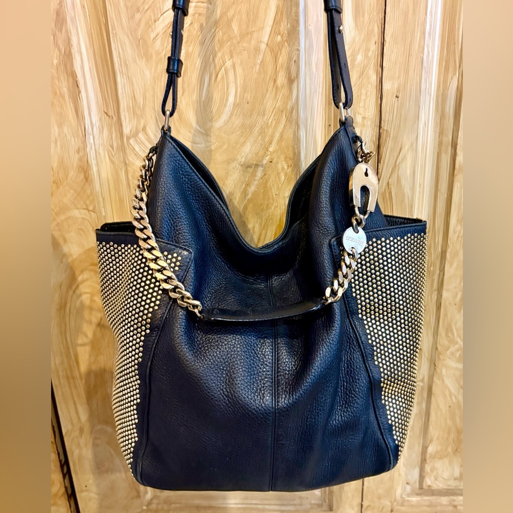 Jimmy Choo Anna Black Leather, Gold Studded Hobo